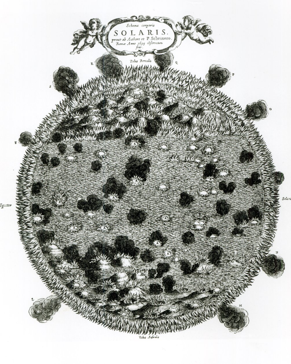 Surface of the Sun showing sunspots, illustration from 