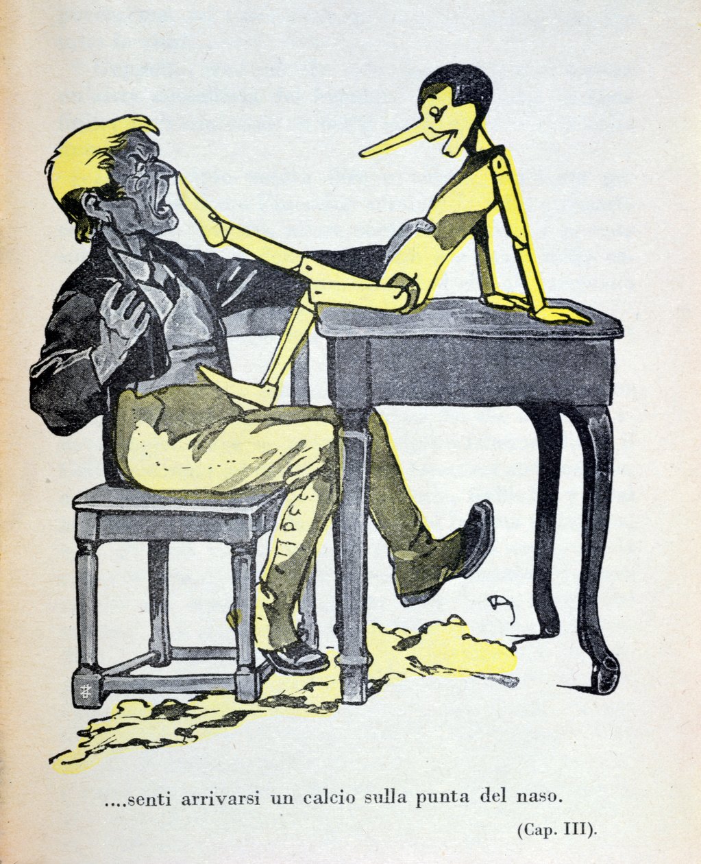 Gepetto Felt a Kick on the Tip of His Nose, Illustration from Pinocchio by Carlo Collodi by Attilio Mussino