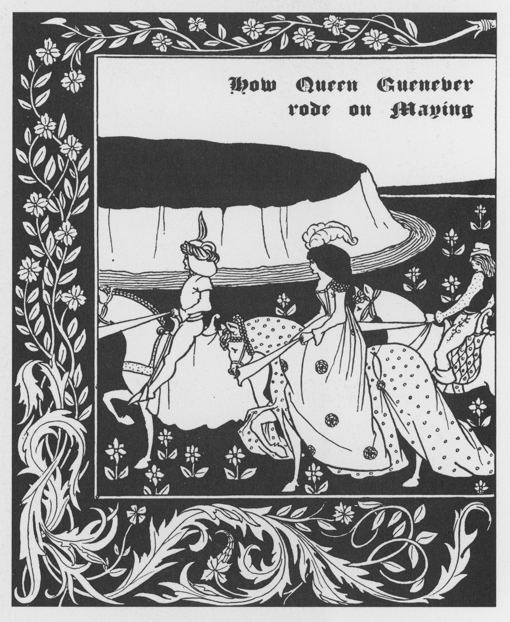 Arthurian Legend: Queen Guinevere Maying. Engraving in The Morte of Arthur by Sir Thomas Malory, edition illustrated by Aubrey Beardsley (1893-1894) by Aubrey Beardsley