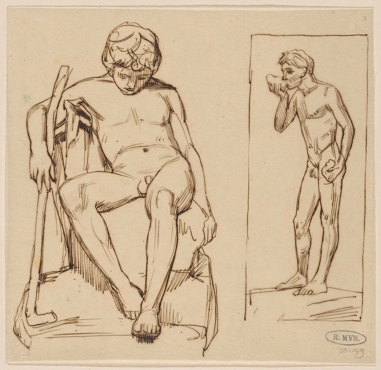 Sitting Nude with Stick and Standing Nude Drinking by August Allebe