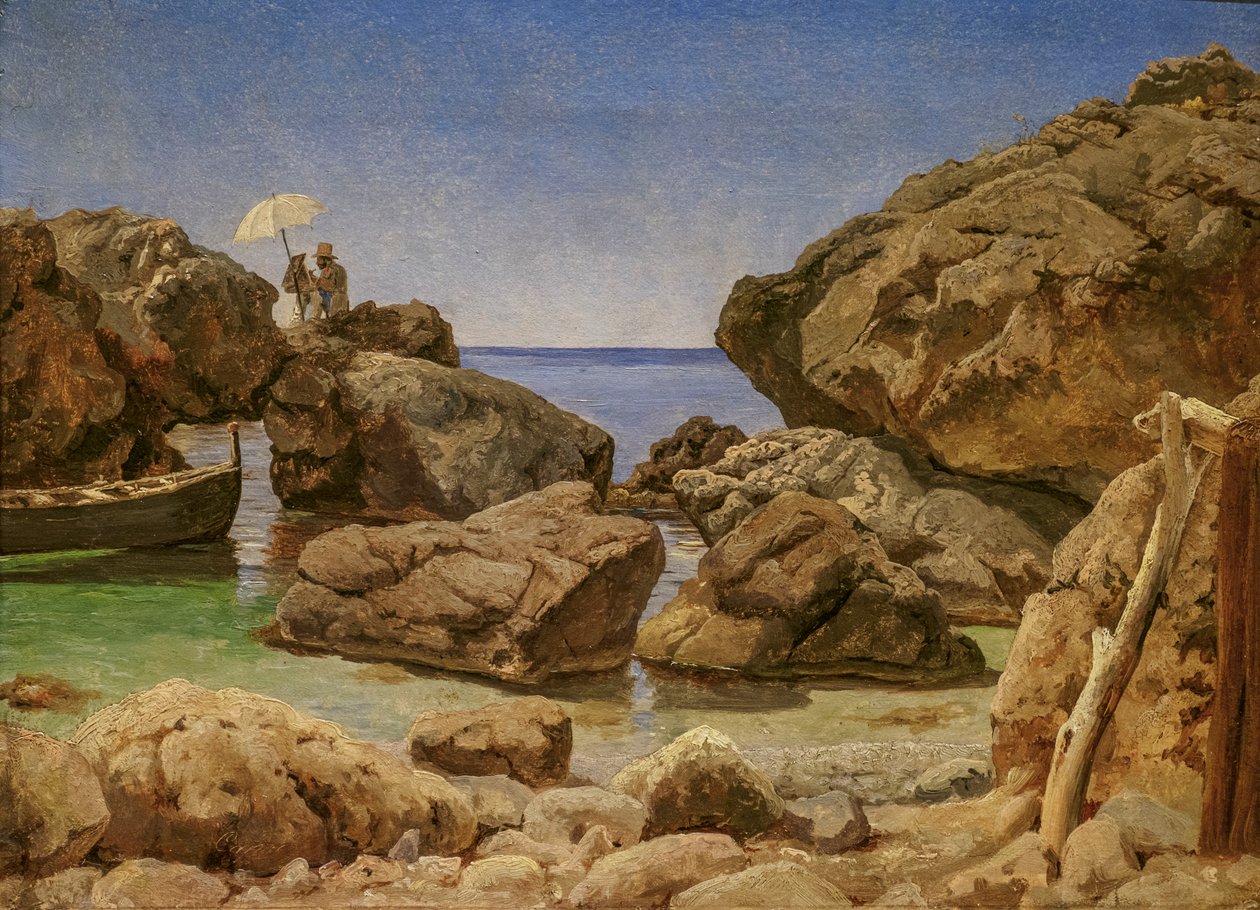 Rocky Coast at Capri with an Artist Painting by August Wilhelm Boesen