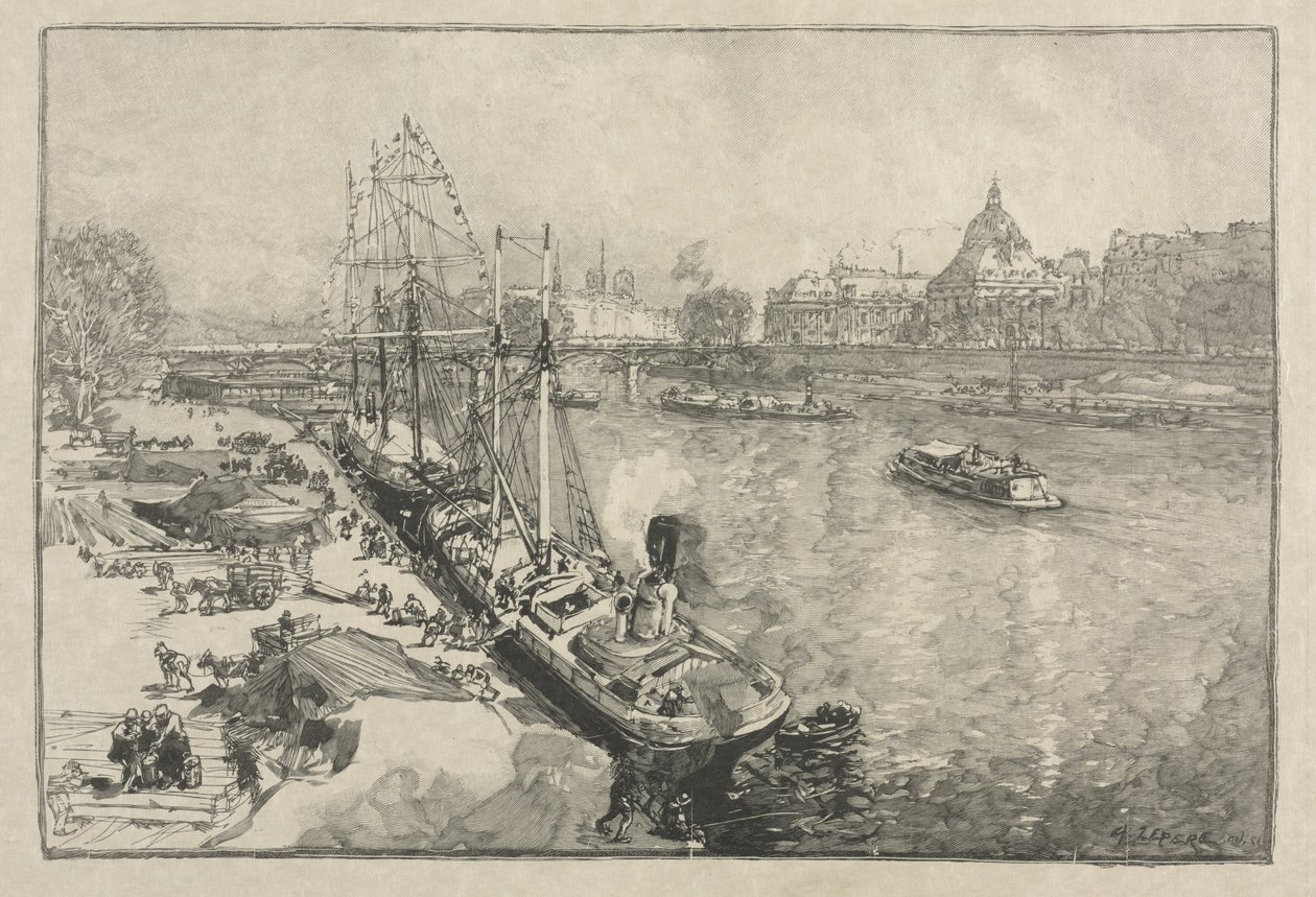 Large Steamer Ship at Dock, Paris by Auguste Louis Lepère