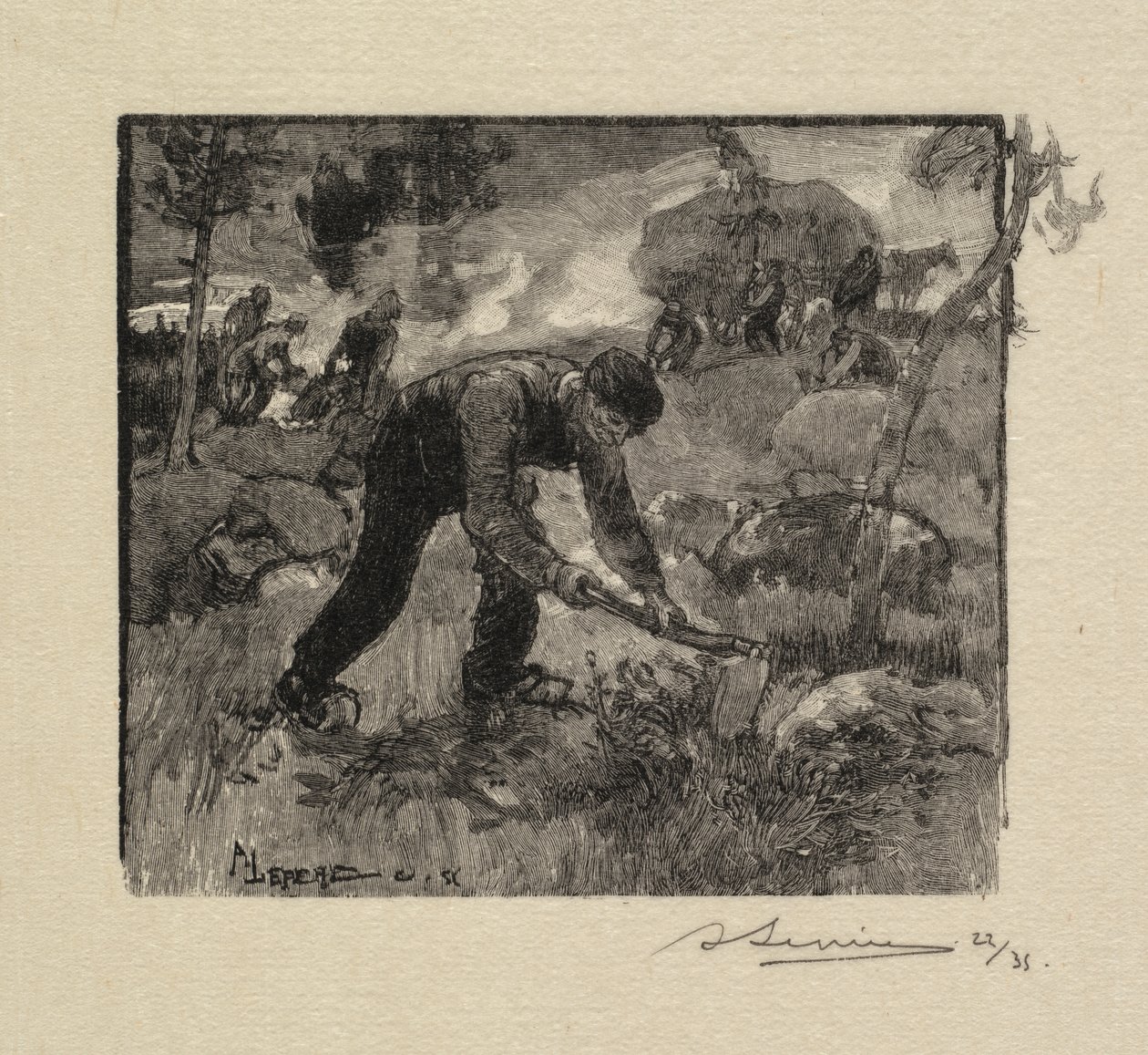 Fontainebleau Forest: Pulling the Heather. 1890 by Auguste Louis Lepère