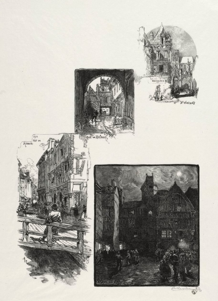 Rouen Illustré: Rue des Charretes, Rue de Halage, Rue Eau de Robec, Place des Arts, 1896 by Auguste Louis Lepère
