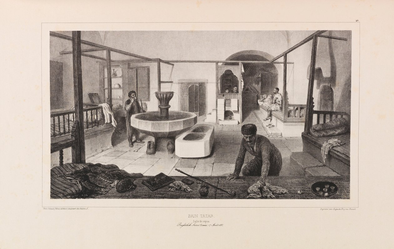 Tatar bath, Rest room. From Voyage dans la Russie by Anatole de Demidoff by Auguste Raffet