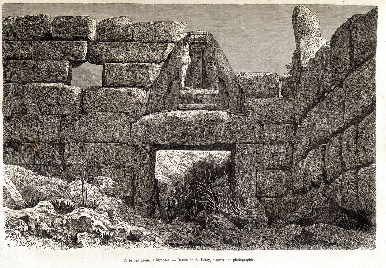 Gate of the Lions in Mycenae - drawing by A. Deroy, in Round the World 1877 2nd semester by Auguste Victor Deroy