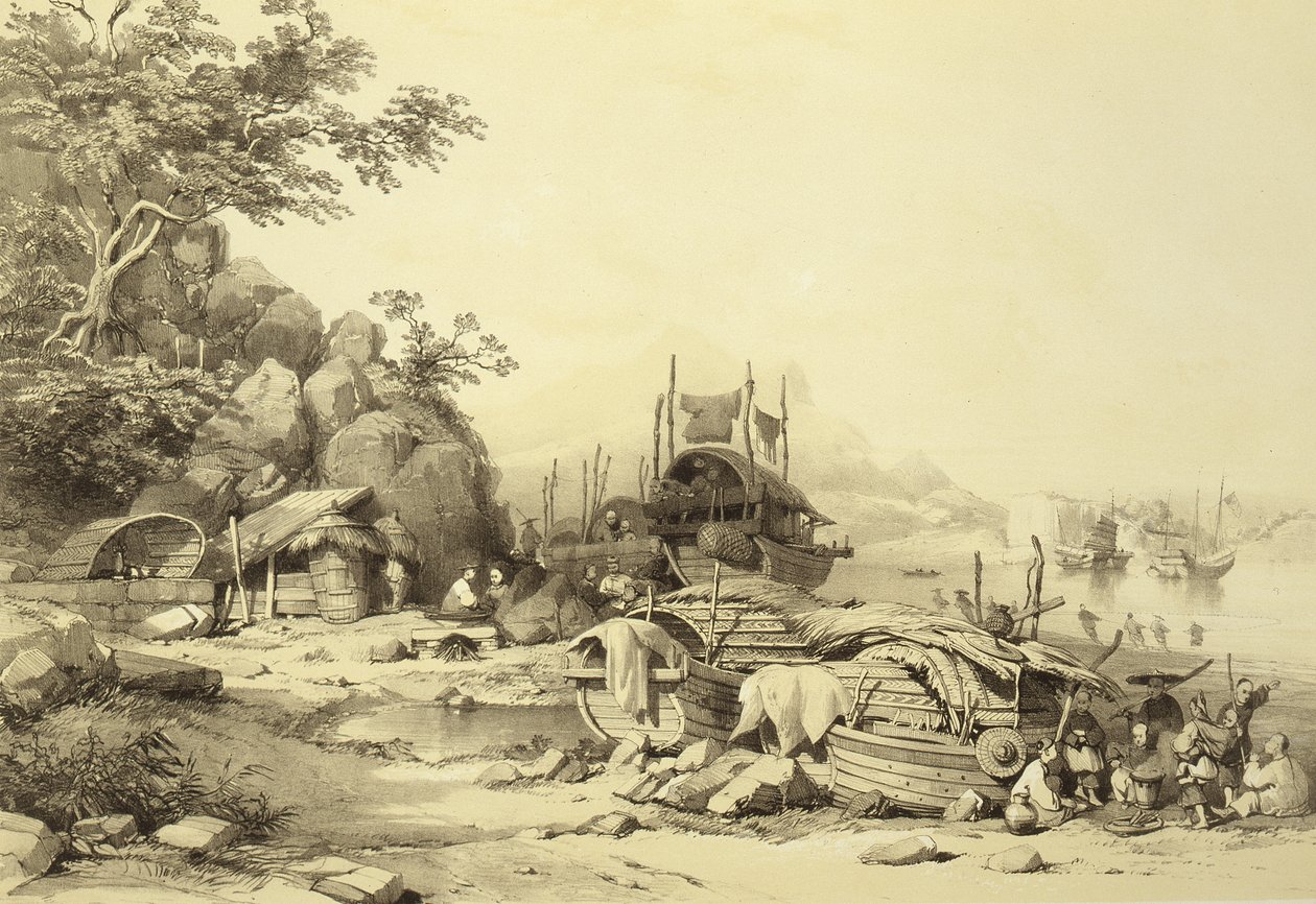 House Boats on the Bay of Cowloon, plate 6 from Sketches of China, engraved by Eugene Ciceri, 1842 by Auguste after Borget