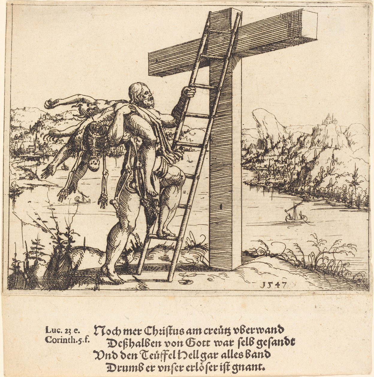 Christ Ascending the Cross with Sin, Death, and the Devil by Augustin Hirschvogel
