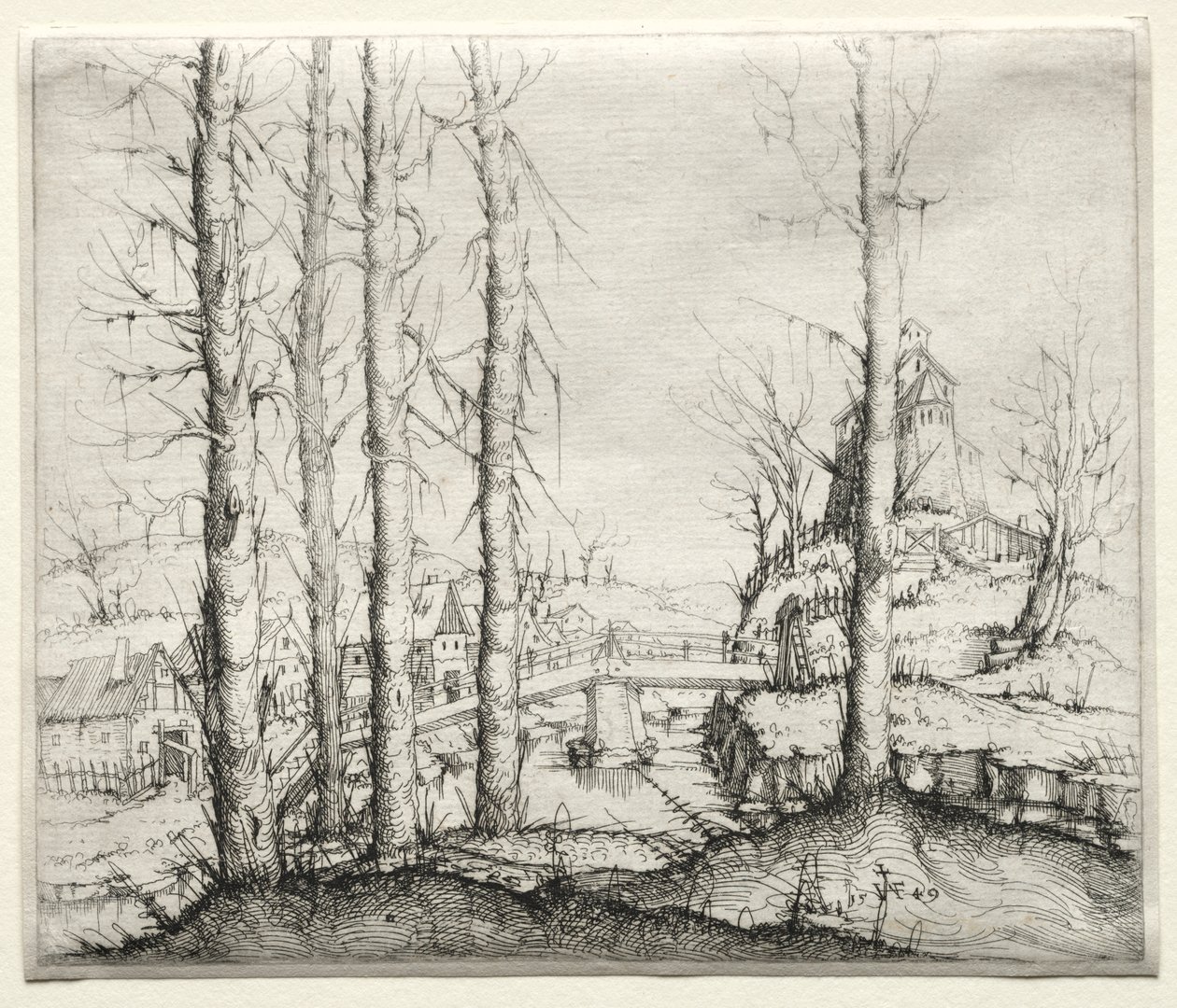 River Landscape with Five Bare Spruce Trees in the Foreground by Augustin Hirschvogel