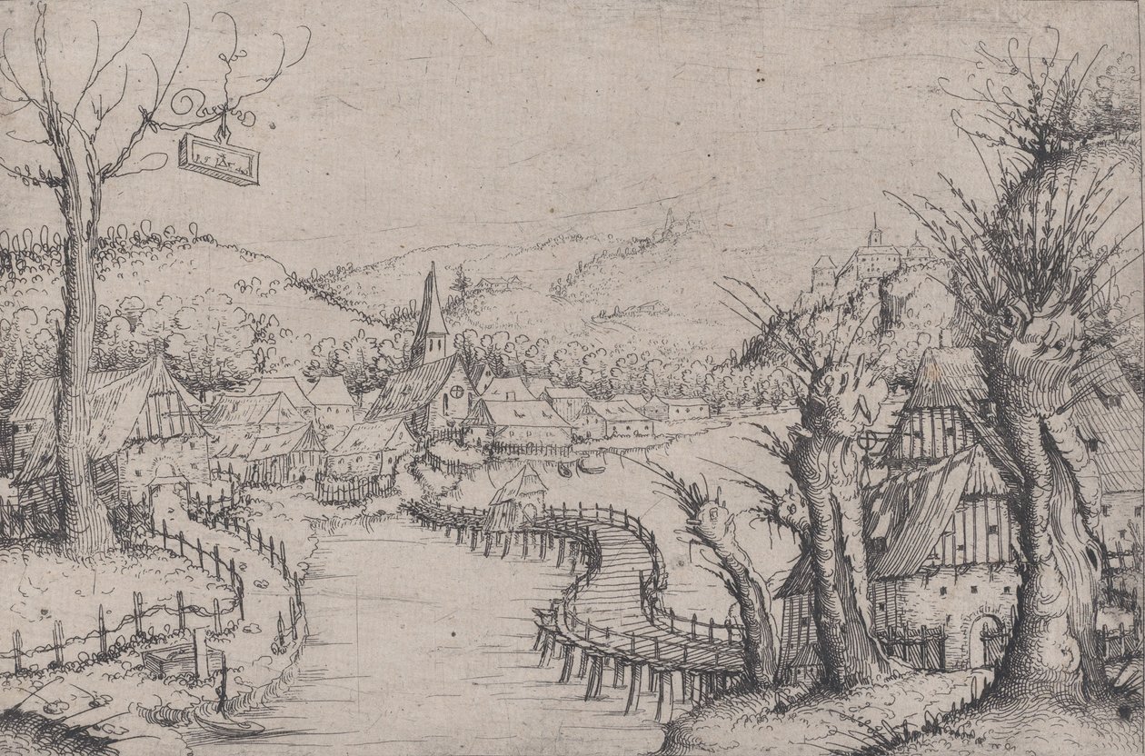 River Landscape with Three Bare Willow-Trees at Right and a Long Winding Wooden Bridge, 1546 by Augustin Hirschvogel
