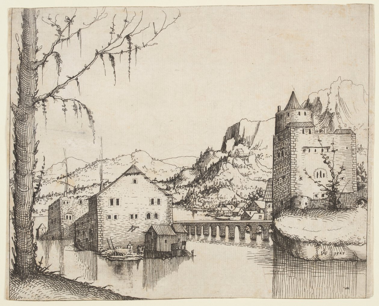 River Landscape with Two Buildings Connected by a Bridge by Augustin Hirschvogel