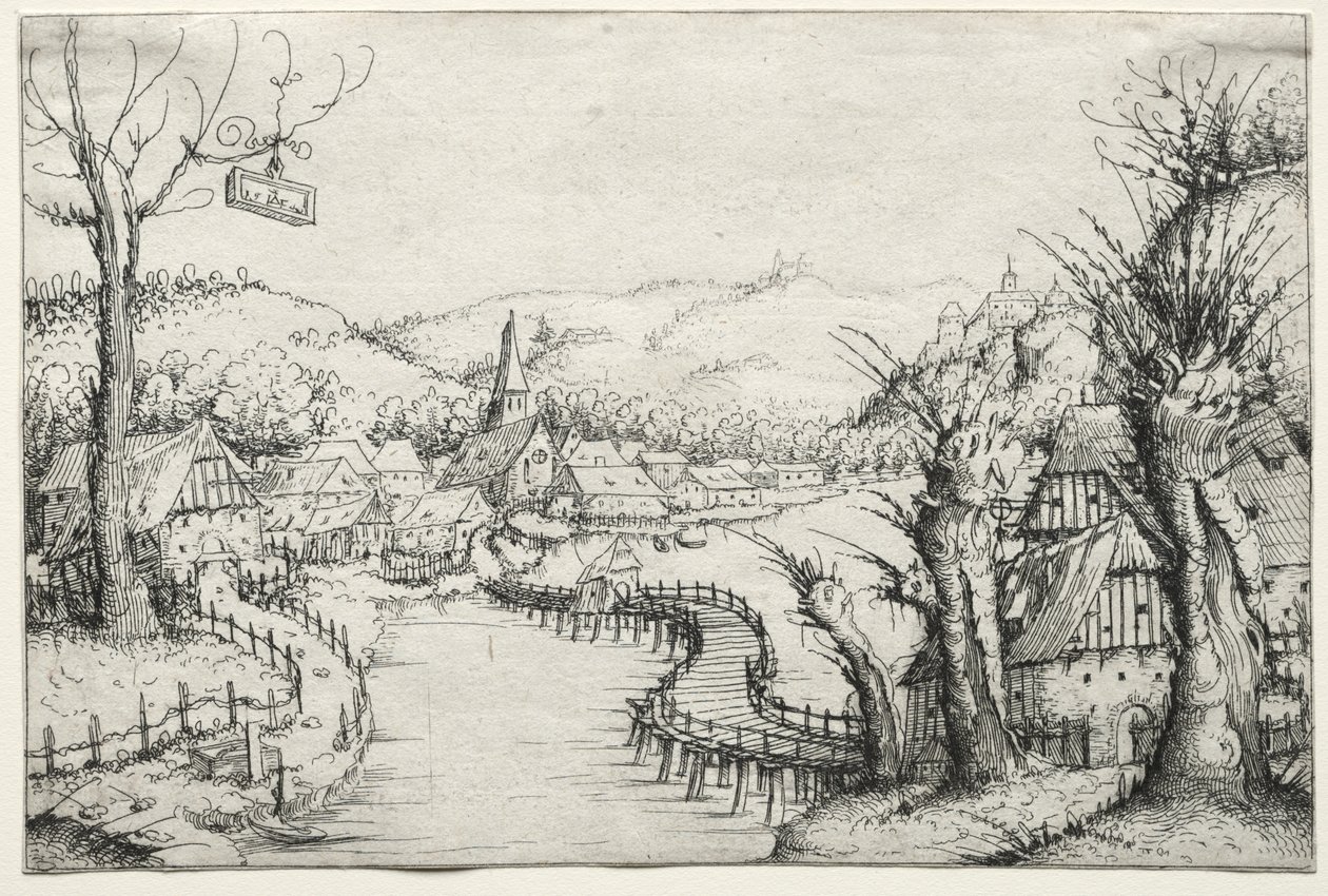 River Landscape with Three Bare Willow-Trees at Right and a Long Winding Wooden Bridge at Centre Leading to a Village by Augustin Hirschvogel