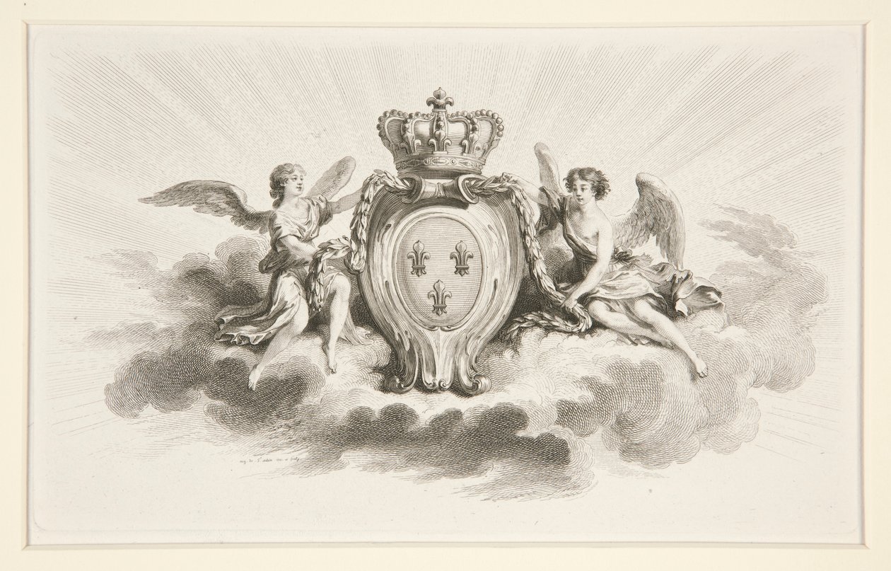Royal Crest with Fleurs de Lis Flanked by Angels, 19th century reproduction by Augustin de Saint Aubin