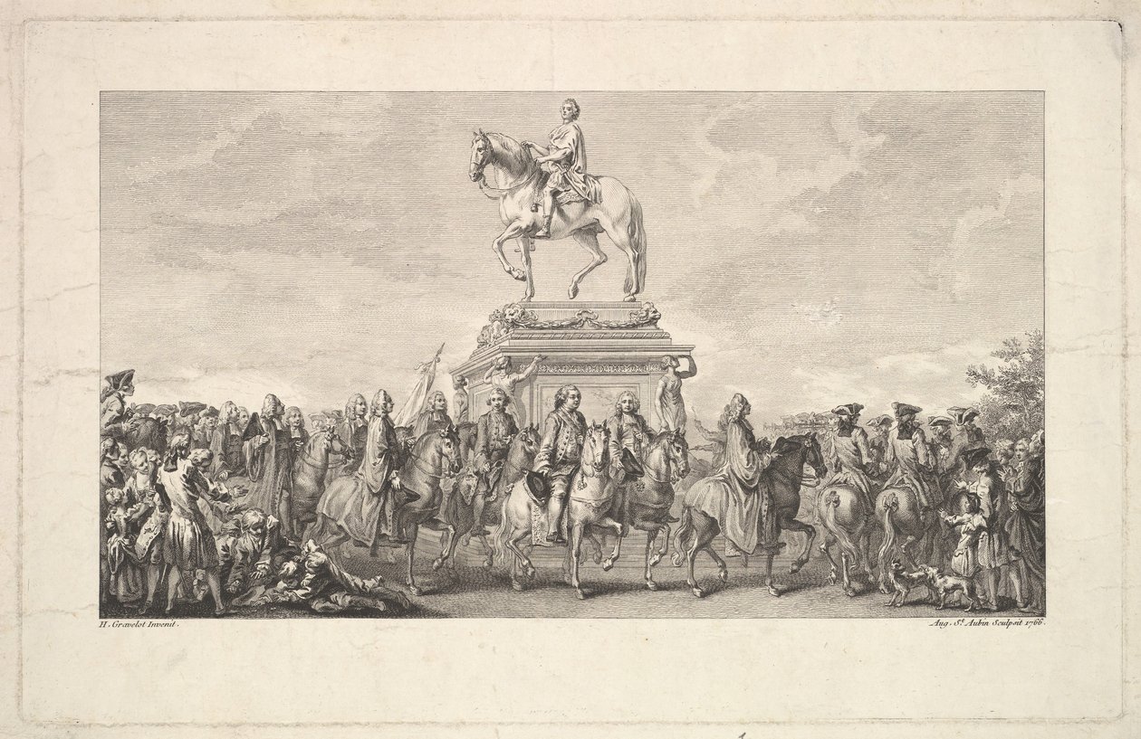 The Inauguration of the Statue of Louis XV, Vignette on page 1, from Description des Trava, 1766 by Augustin de Saint Aubin