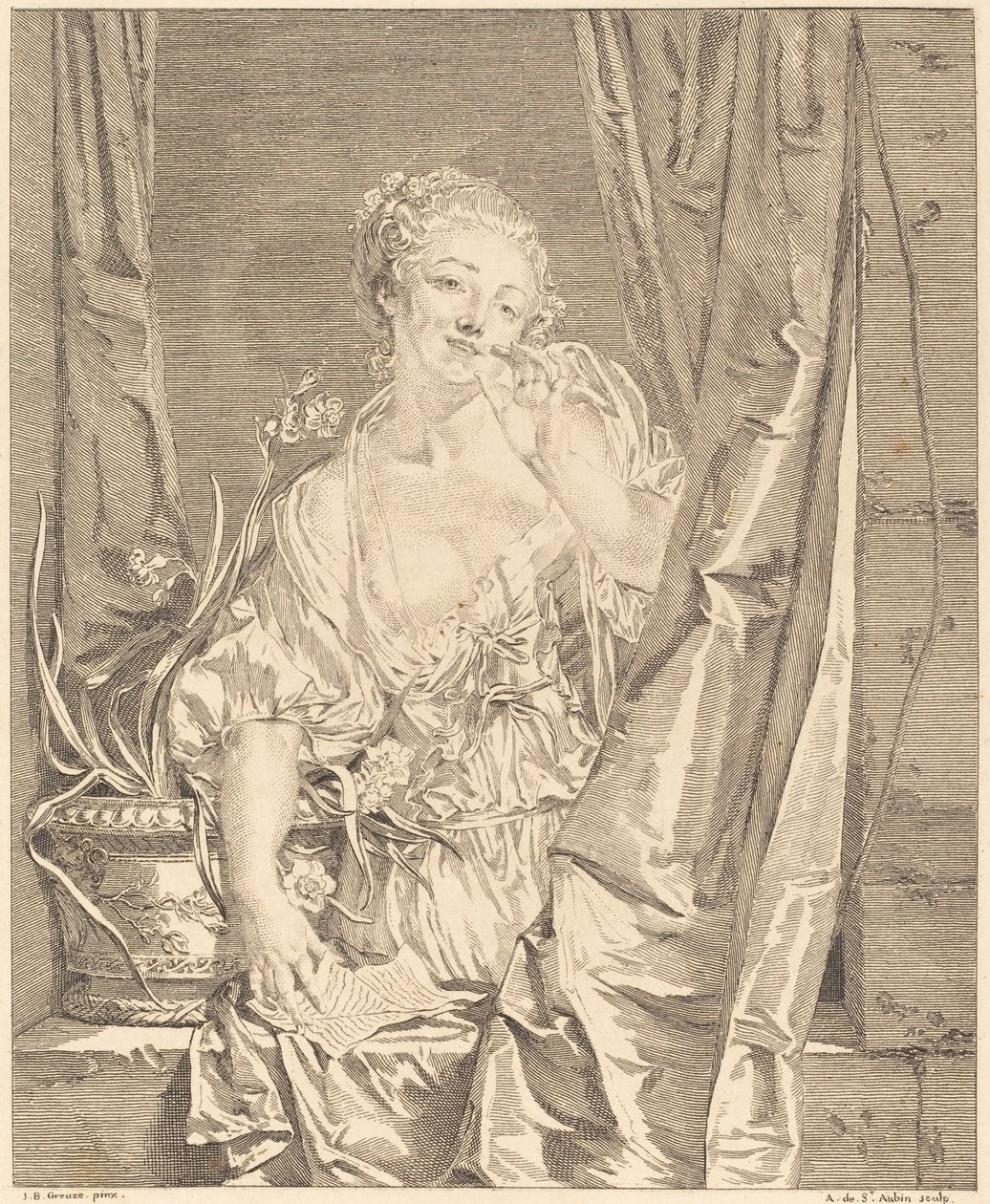 The Blown Kiss by Augustin de Saint Aubin after Jean Baptiste Greuze