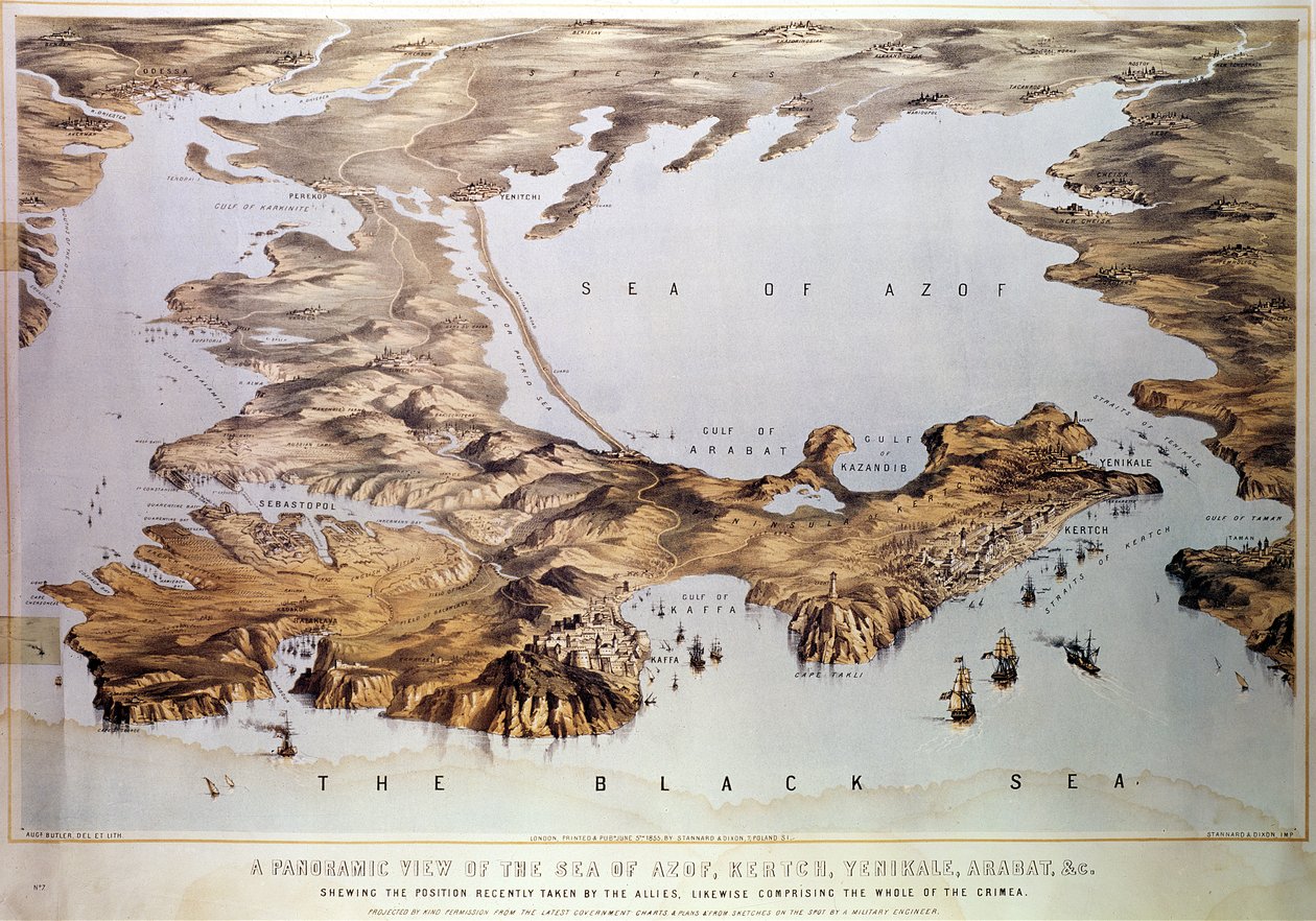 Panoramic View of the Sea of Azof Showing the Allied Position, from Government Charts and Plans and from Sketches Made by a Military Engineer, published by Stannard and Dixon, 1855 by Augustus Butler