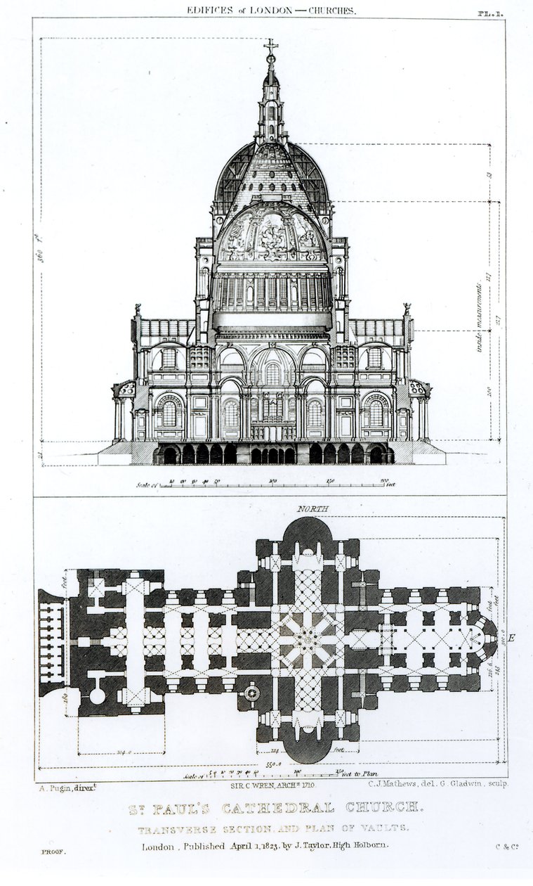 Cross section of St. Paul's Cathedral and plan of the vaults