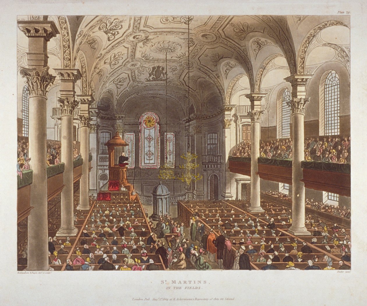 Interior of the Church of St Martin-in-the-Fields, Westminster, London by Augustus Charles Pugin, Thomas Rowlandson
