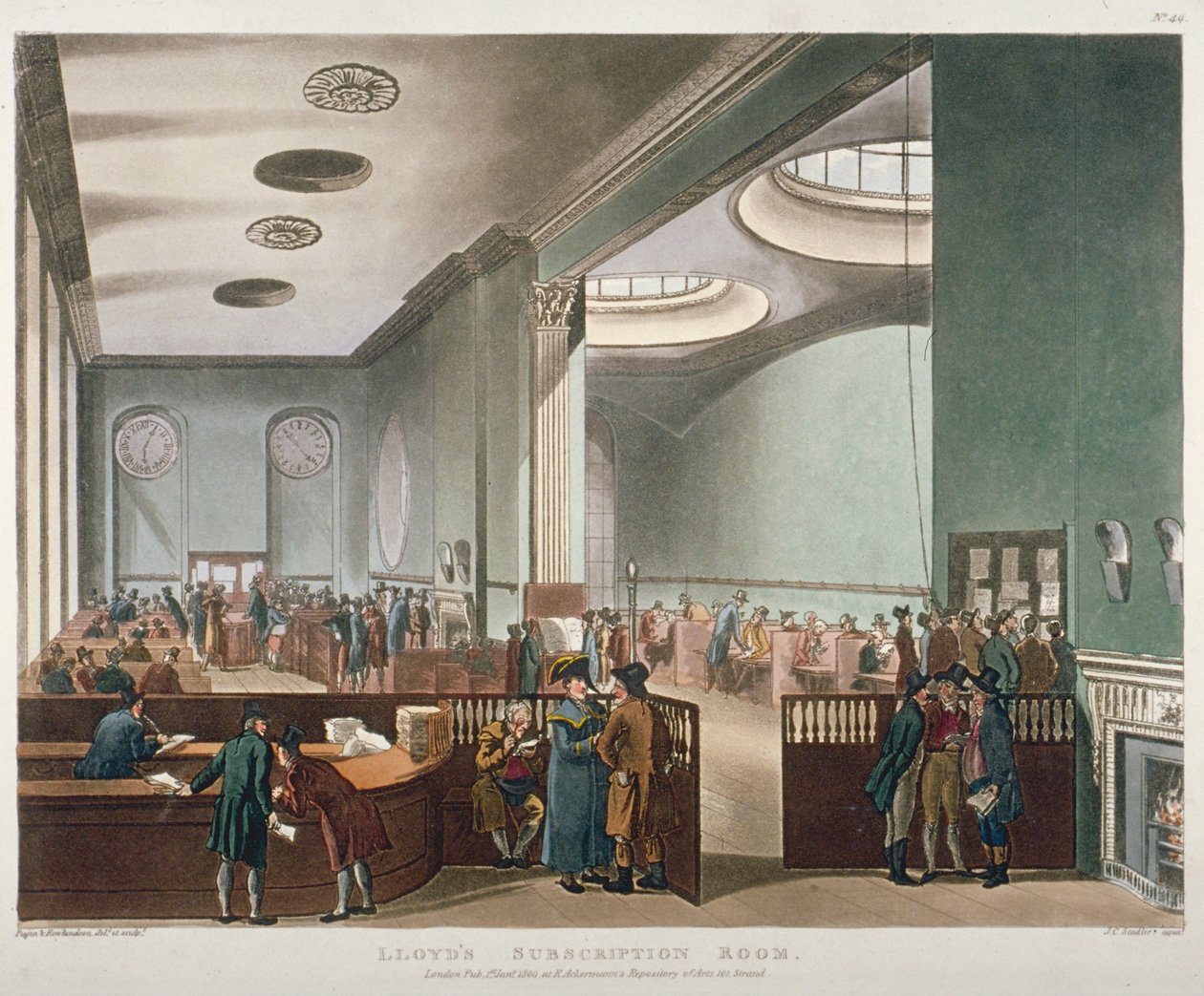 Interior View of Lloyds Subscription Room in the Royal Exchange, City of London, 1809 by Augustus Charles Pugin, Thomas Rowlandson