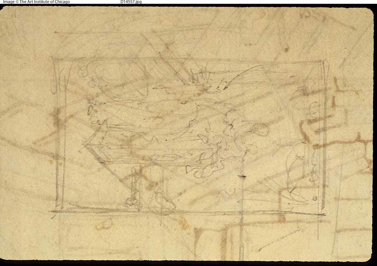 Study for Exhibition Room, Somerset House, from Microcosm of London (recto); Sketch of a Painting: Madonna and Child (verso) by Augustus Charles Pugin