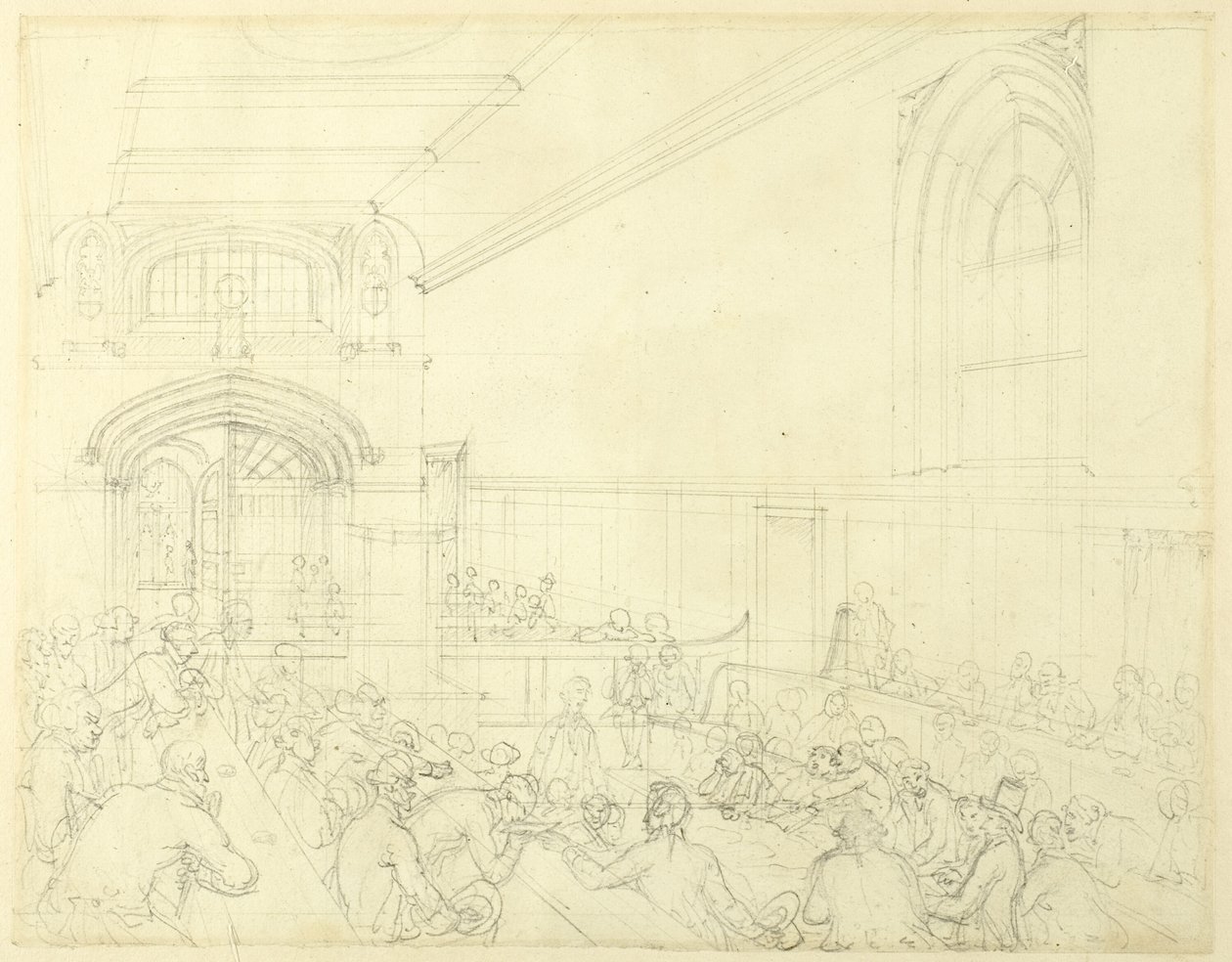 Study for Guild Hall, Examination of a Bankrupt Before His Creditors, from Microcosm of London by Augustus Charles Pugin