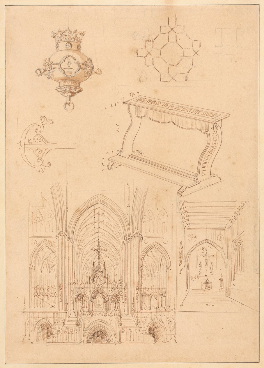 Designs for Gothic Ornamentation, a Kneeler, and Two Sketches of the Interiors of Gothic Churches by Augustus Welby Northmore Pugin