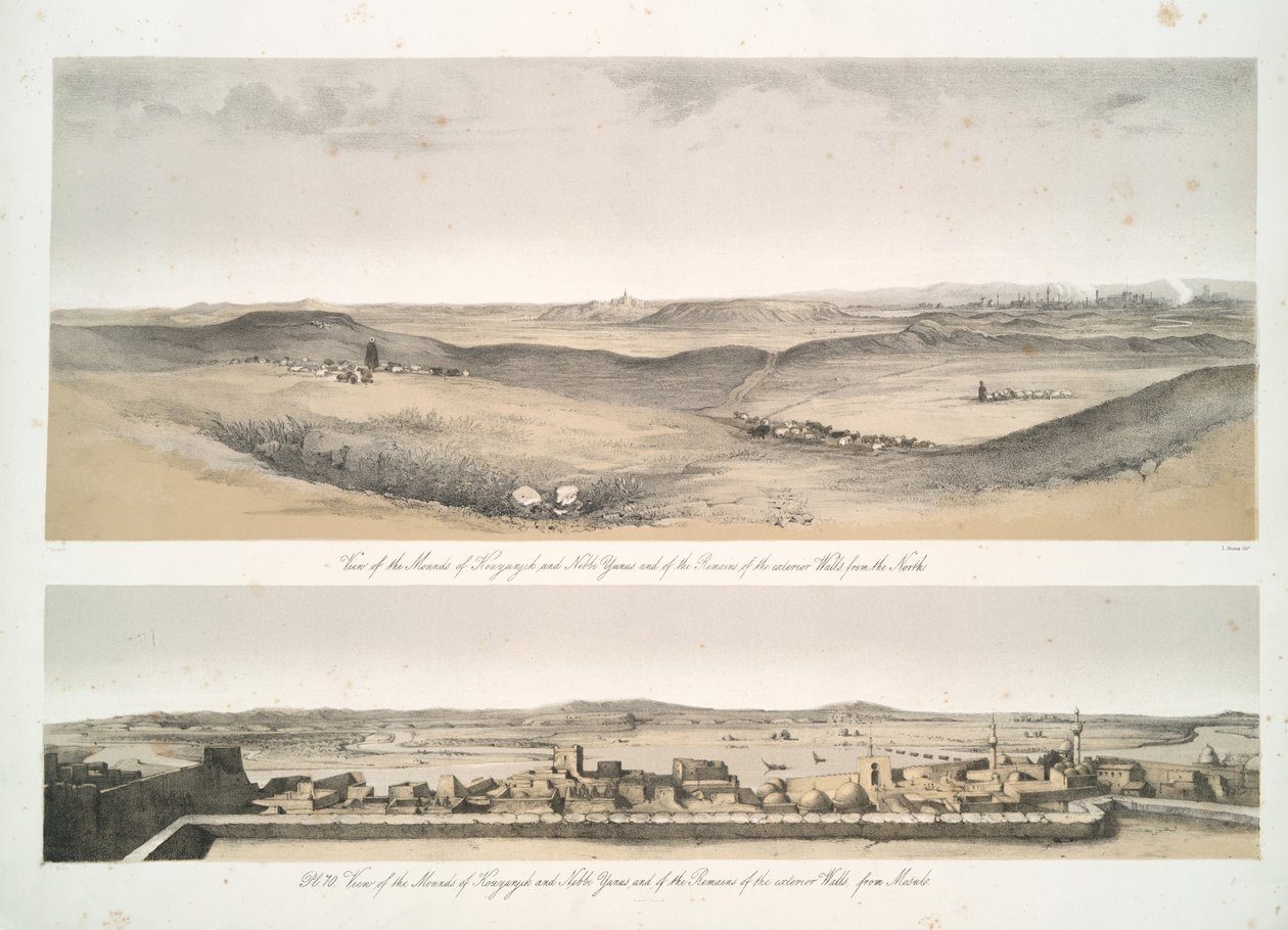 View of the mounds of Kouyunjik and Nebbi Yunus, and of the remains of the exterior walls, from Mosul by Austen Henry Layard