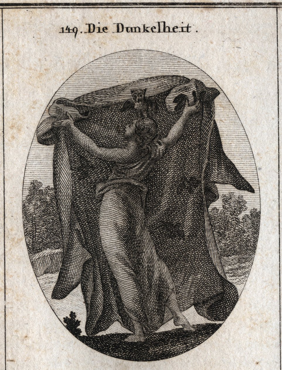 Allegory of Darkness. It extends a dark veil with which it prevents the penetration of light. Its attributes are the owl and other night birds. Engraving in 