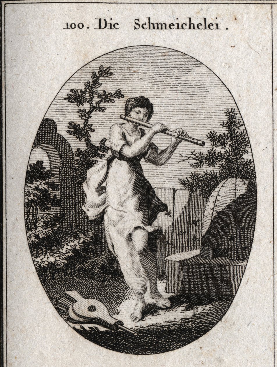 Allegory of Adulation Playing Flute to Mark That She Seeks to Insinuate Herself by the Sweetness of Her Words. Its Attribute is the Bee (for the Sweetness of Honey and the Venom of the Sting) and the Bellows (Flattery Lights the Fire of Passions). Engravin by Austrian School