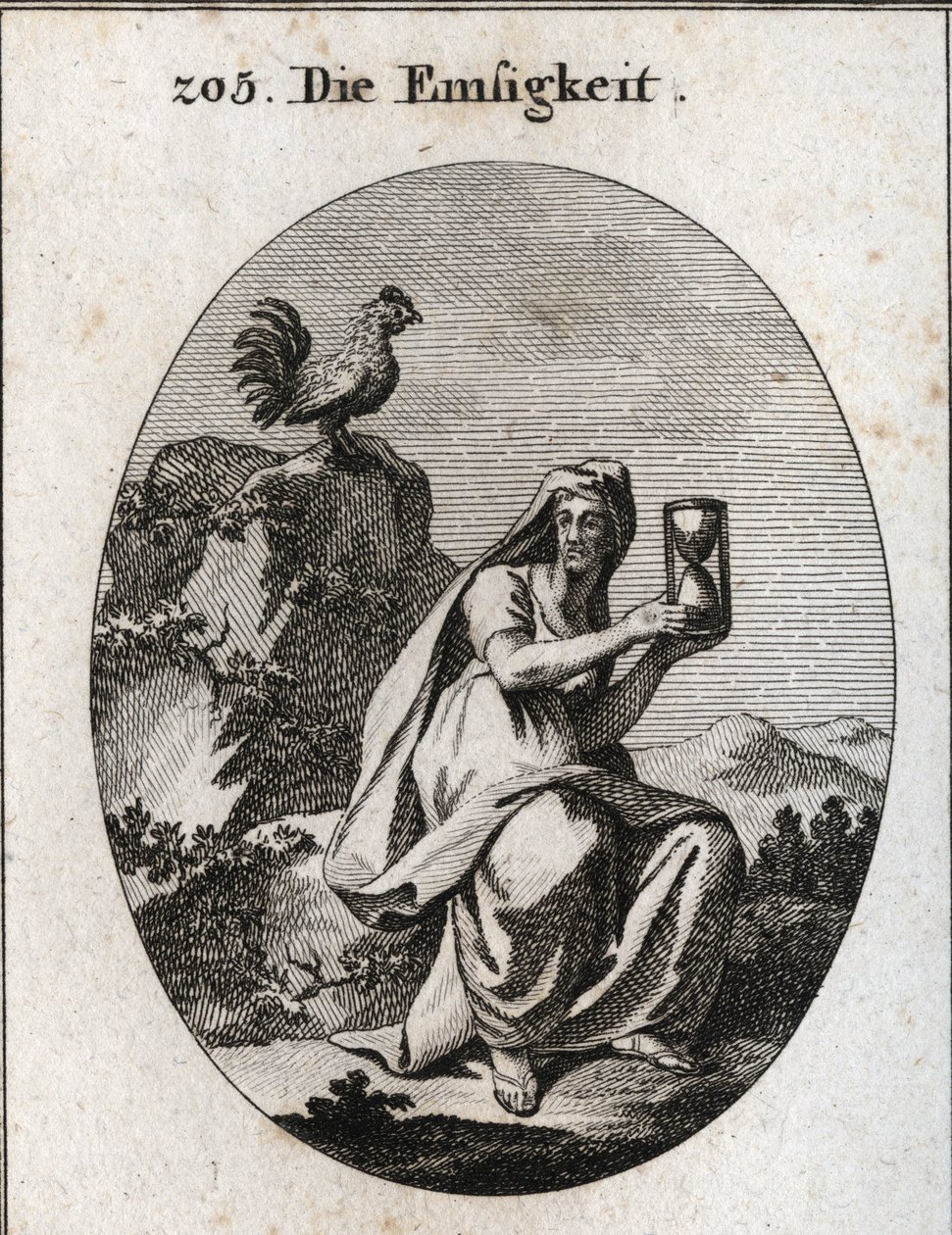 Allegory of attendance. She holds a sand clock (hourglass) and sits at the foot of a rock surrounded by an ivy plant. The rooster is its attribute because attendance does not exist without vigilance. Engraving in 