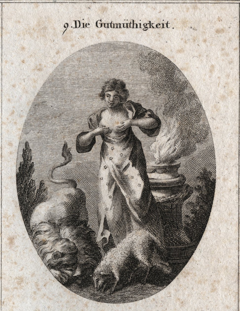 Allegory of Benignity Nursing at the Same Time a Lamb and a Lion Symbolizing Equal the Weakest and Strongest. Fire on the Altar Denotes Religious Feelings. Engraving in 
