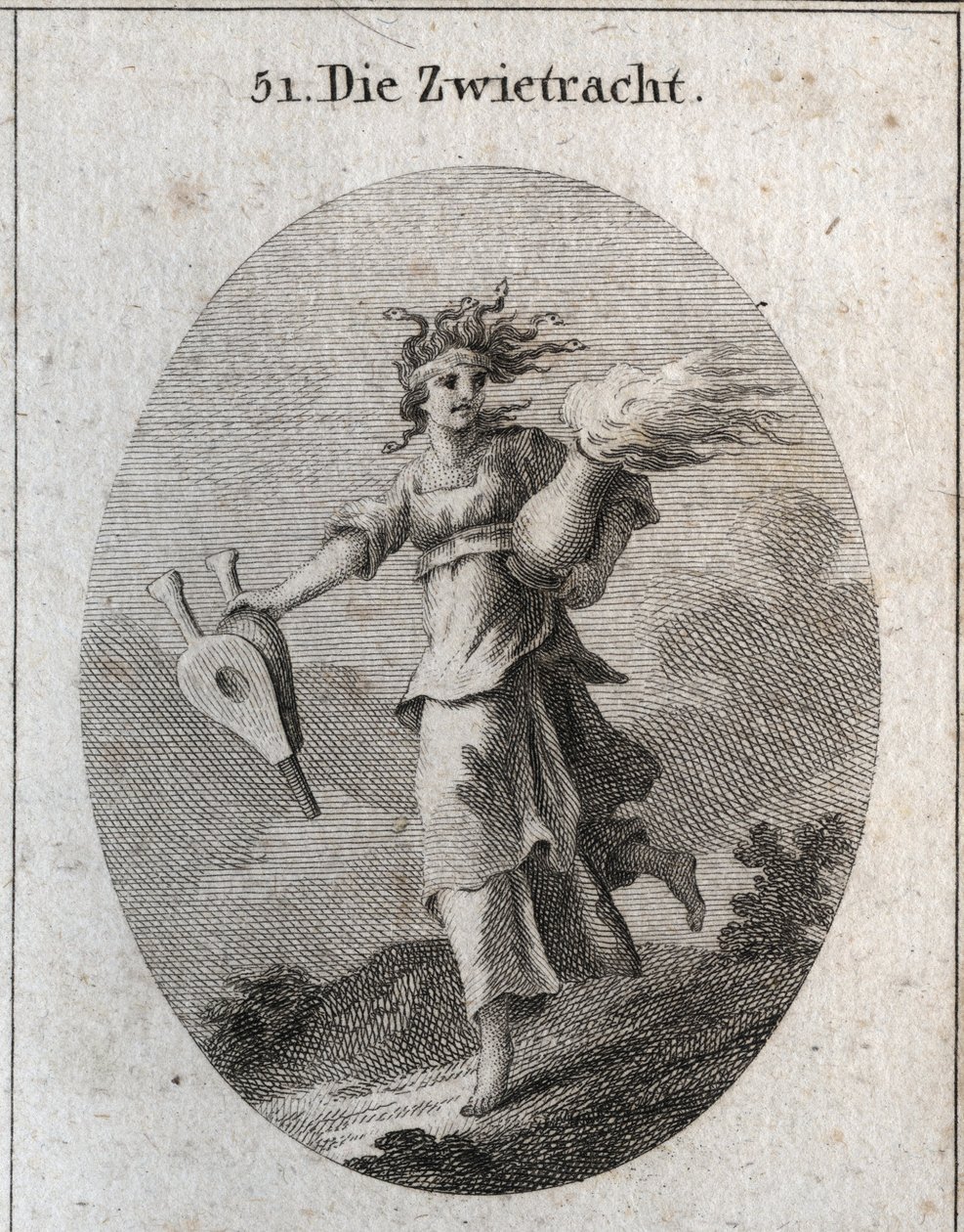 Allegory of discord. Her hair is formed of vipers and her forehead is a bloody bandage. A bellows in one hand and in the other a vase of fire. Engraving in 