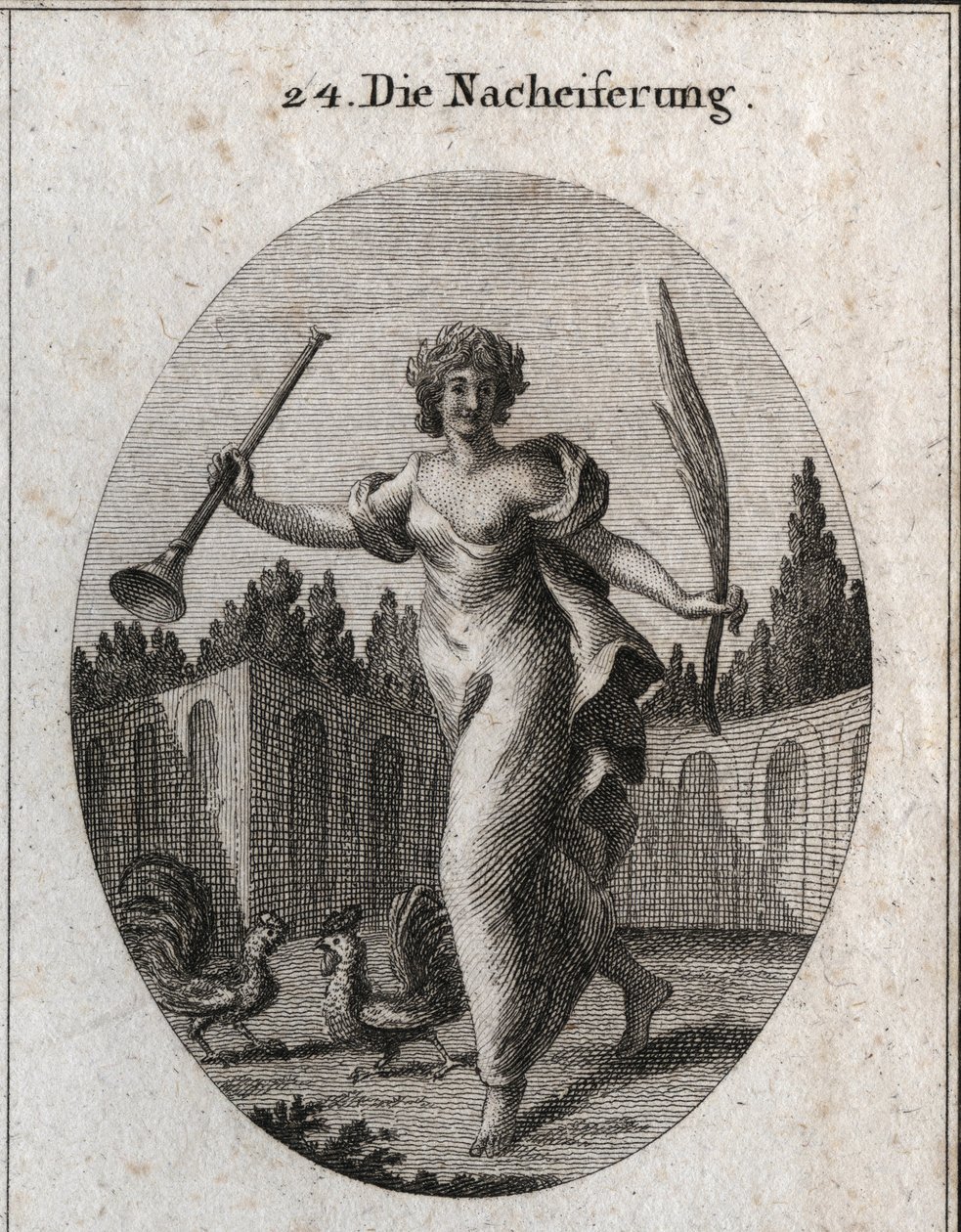 Allegory of emulation. The trumpet and palm symbolize the reward attributed to the merit. The attributes are two cockerels ready to fight. Engraving in 