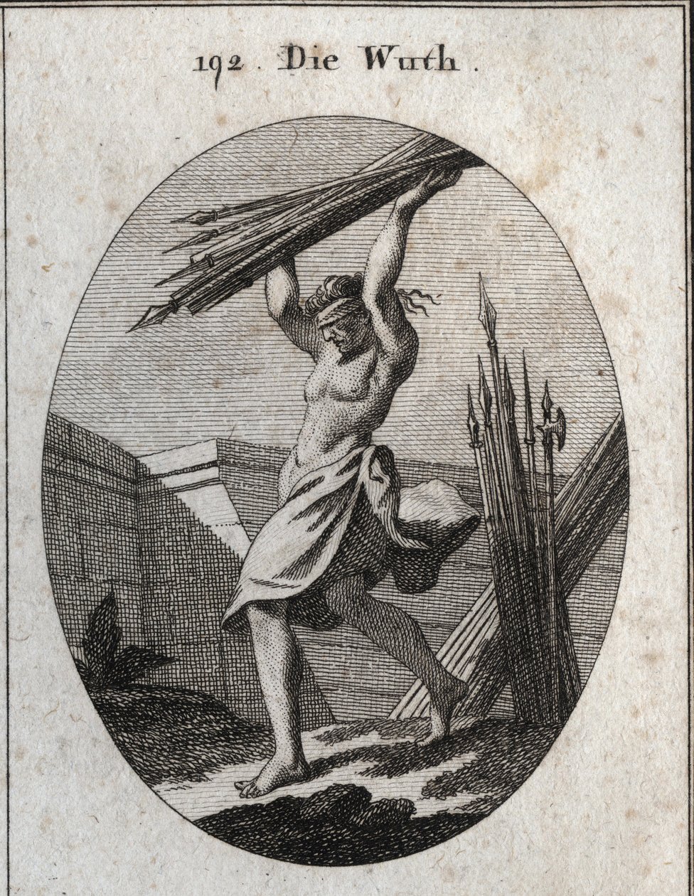 Allegory of Fury. With a Blindfold, She Throws a Beam of Different Kinds of Weapons to Mark Her Triumph in War, Massacres, and Fights. Engraving in 