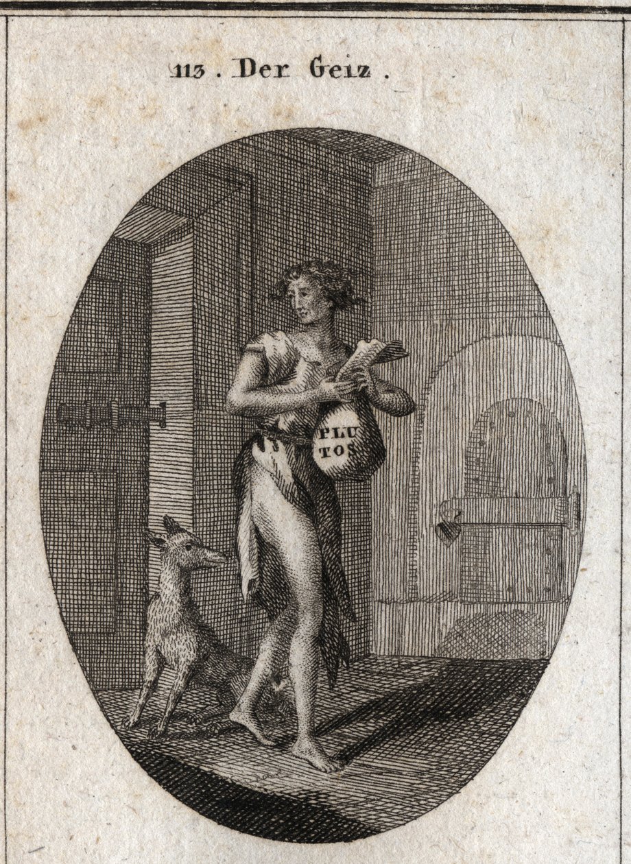 Allegory of Greed depicted in rags with a gold chain that serves as a belt, emphasizing that possession of property makes her a slave to the point of refusing necessities. On the stock exchange is the name Pluto, god of wealth in mythology. by Austrian School