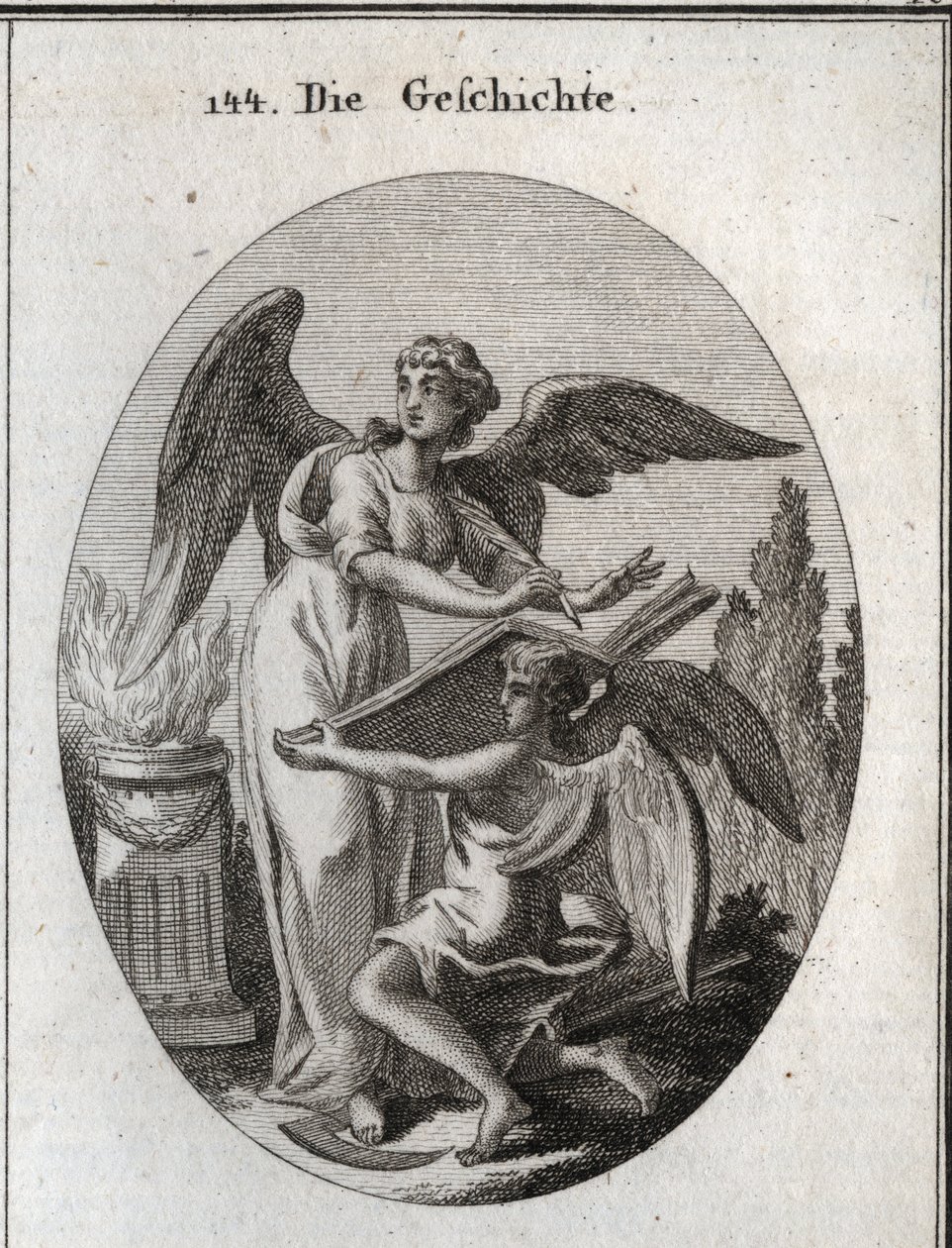 Allegorie der Geschichte. Ihre Handlungen des Zuhörens und Schreibens in einem großen Buch, das von der Zeit unterstützt wird, bedeuten die Handlung, informiert zu werden, um die Erinnerung an vergangene Dinge zu übertragen. Gravur in „Iconologie oder Idee von Austrian School