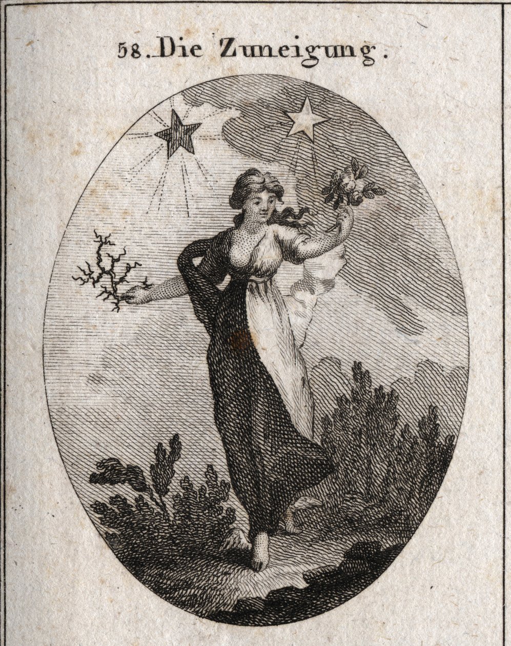 Allegory of Inclination. She Holds a Bouquet of Roses and a Bouquet of Thorns and Looks Indecisive in Her Choice. Behind It is a Bright and Beneficial Star (That of Jupiter) and a Dark and Harmful Star (That of Saturn). Engraving in 