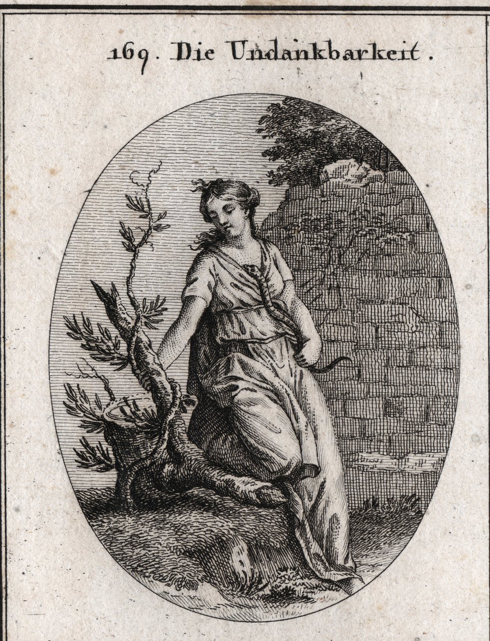 Allegory of ingratitude. A woman who heats a snake in her breast gets bitten. The ivy branch is the symbol of ingratitude as it destroys itself which serves as a support to rise. Engraving in 