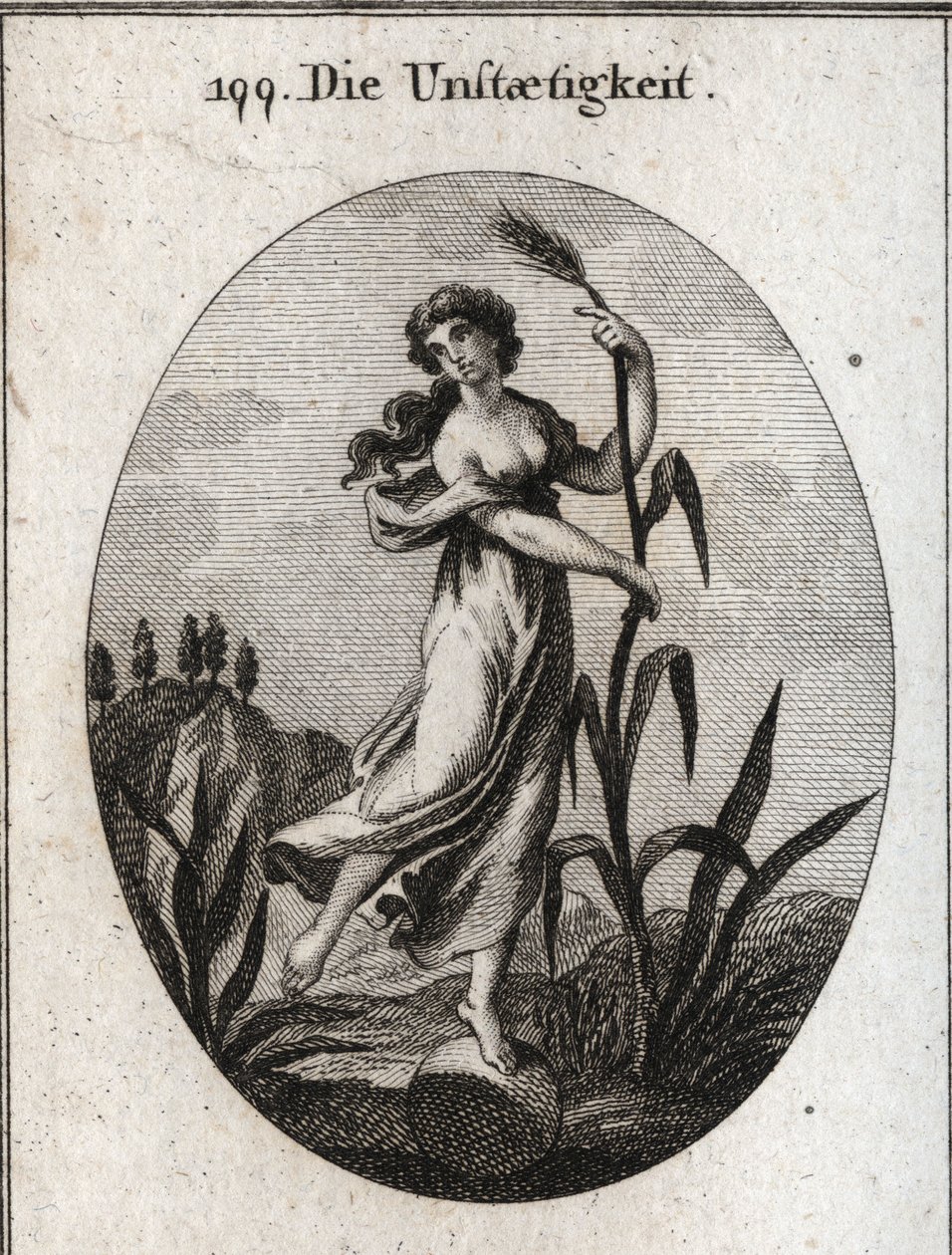 Allegory of instability stirred by the wind. It leans with both hands on a fragile reed and is placed only one foot on a ball. Engraving in 