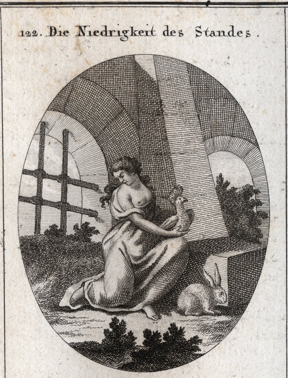 Allegory of Lowness. Its Attributes Are the Hoopoe That Feeds on Excrements and the Rabbit That Is a Shy Animal. Engraving in 