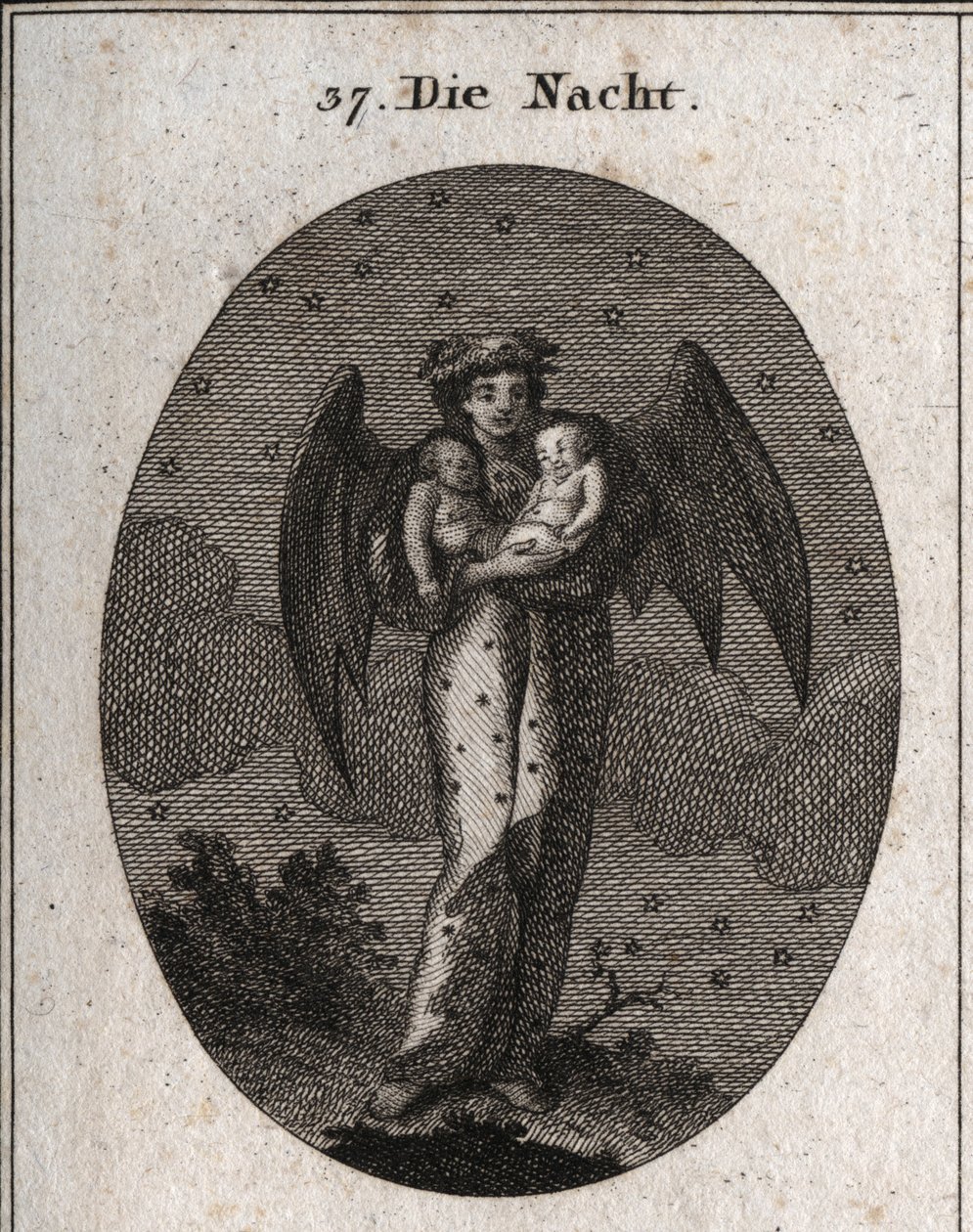 Allegory of Night Represented with Bat Wings. She Holds Two Children Asleep, One White and the Other Black (Dream and Nightmare). Engraving in 