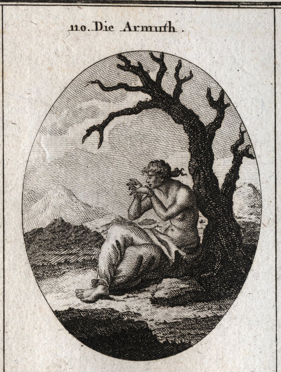 Allegory of Poverty Sitting at the Foot of a Dry Tree Growing in Arid Terrain. Her Feet and Hands Are Tied and She Tries to Undo Her Ties with Her Teeth; Engraving in 