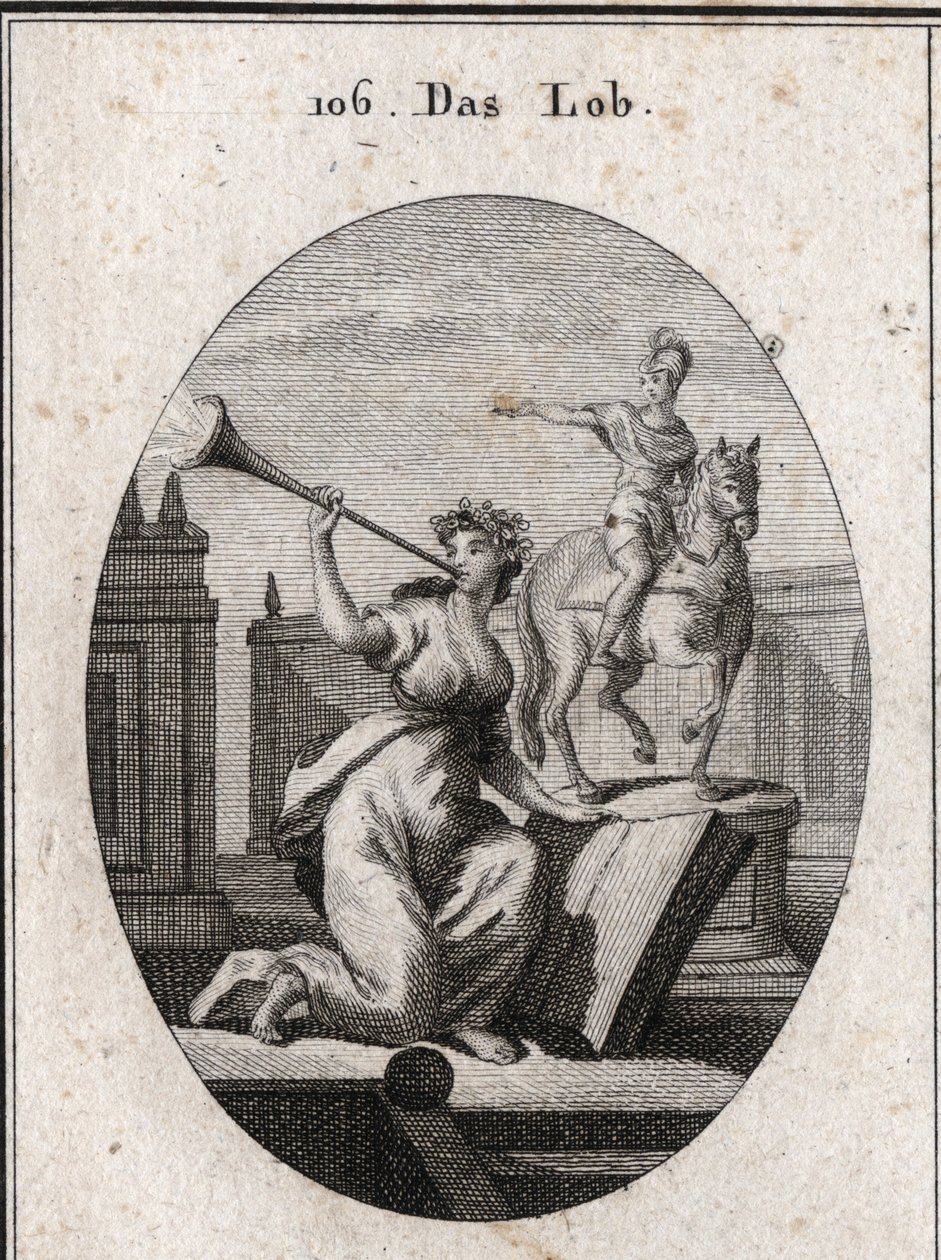 Allegory of praise holding a book to show that it passes posterity ...