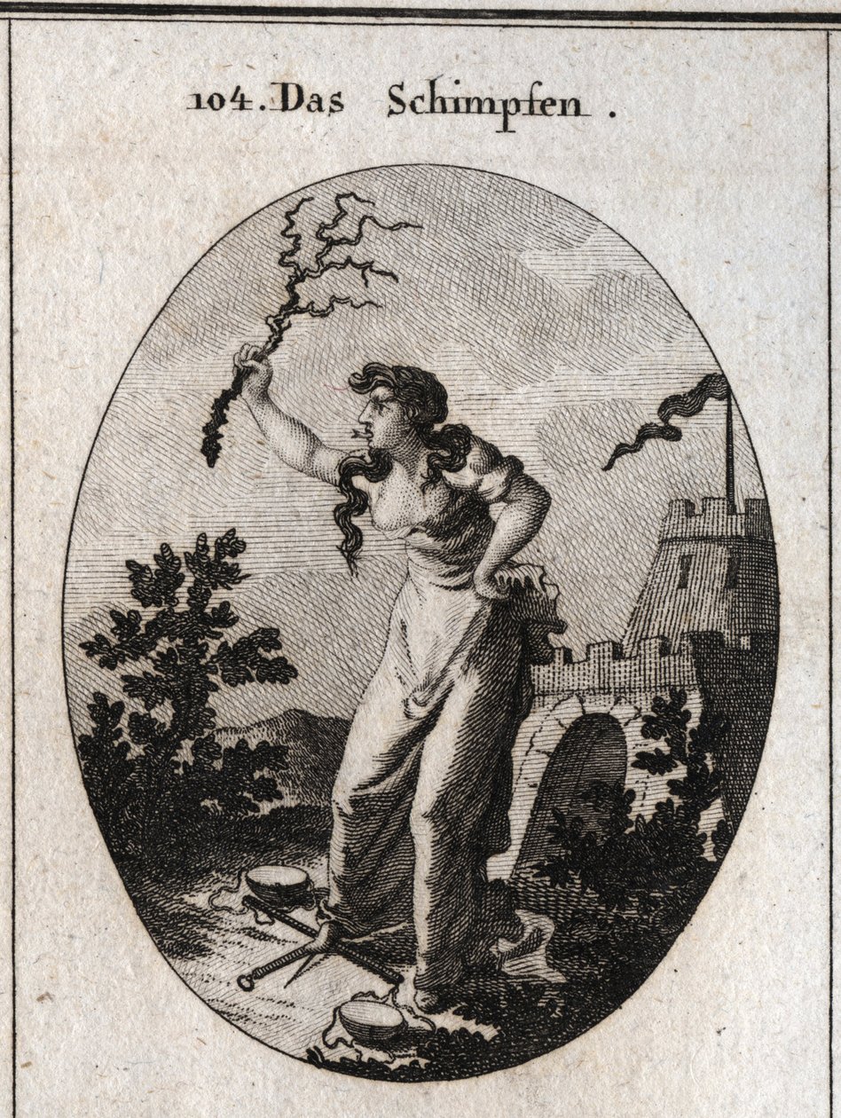 Allegory of Repressive Insult with a Forked Tongue. She Holds a Rod of Thorns in One Hand and Has Her Feet Scales to Show That She Acts Against Equitability. Engraving in 