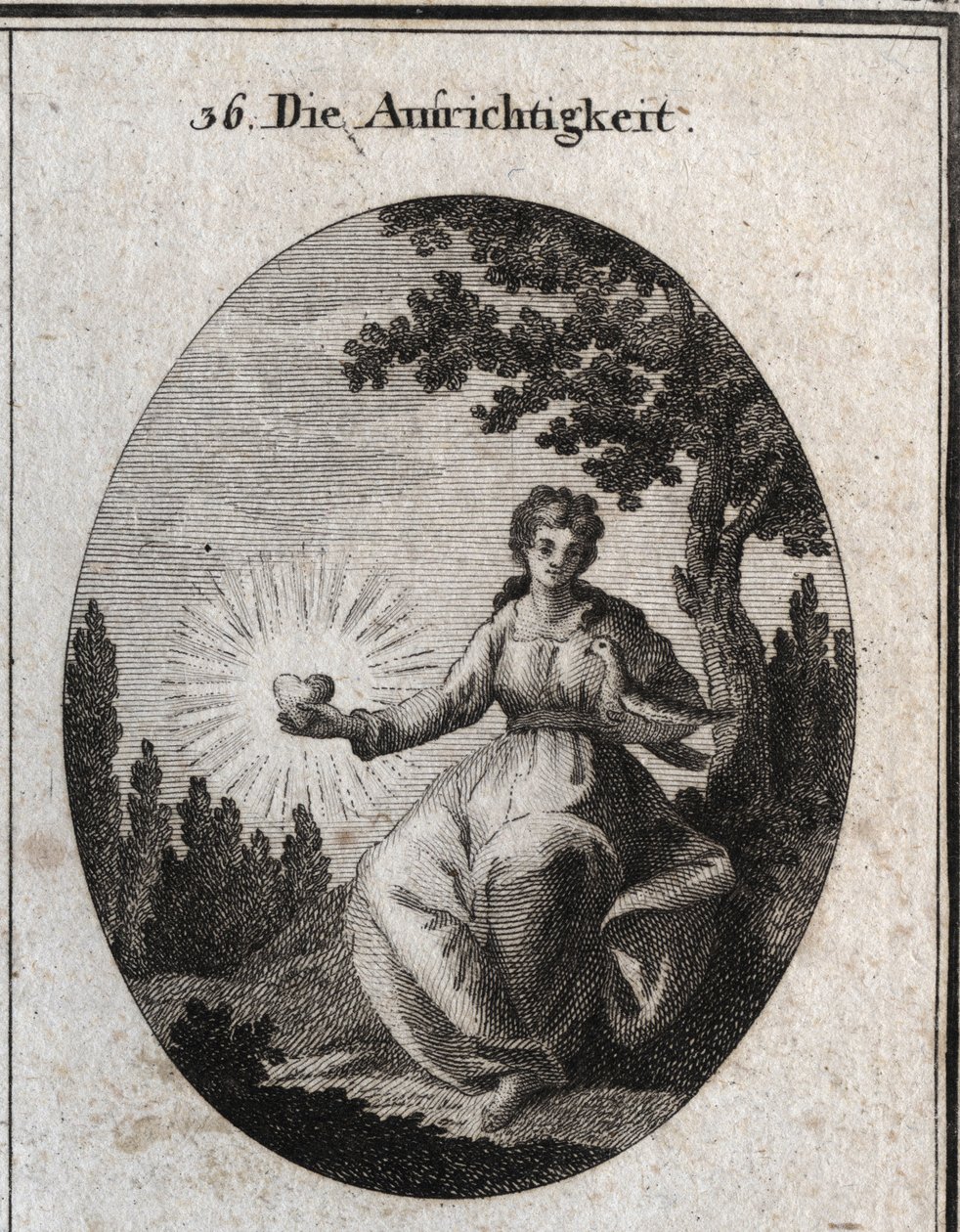 Allegory of Sincerity Holding a Dove Against Her Breast and Presents a Radiant Heart. Engraving in 