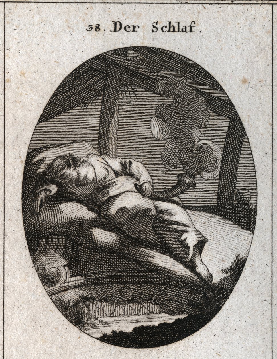 Allegory of Sleeping on a Bed of Ebony Near Which a Stream Flows. He holds a black and polished cone from where comes a steam that means dreams. Engraving in 