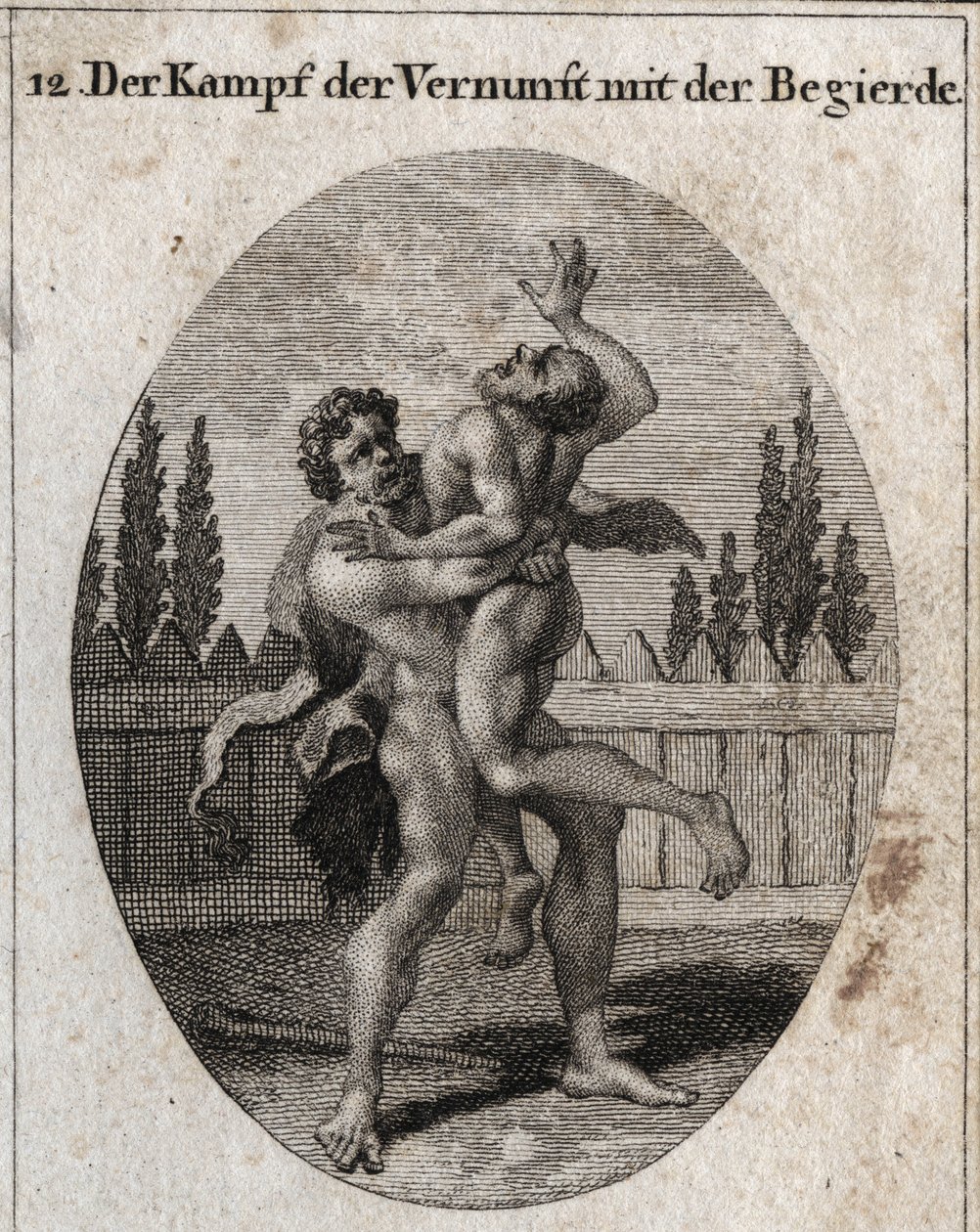 Allegory of the Fight of Reason and Appetite. The earthly and carnal appetite is depicted by Ante and Hercules (Heracles) symbolizes reason, strength and courage that takes away and stifles Ante. Engraving in 