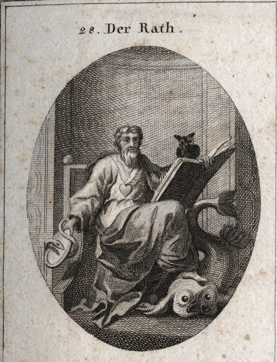 Allegory of the Representative Council with a gold chain and a heart, emblem of sincerity. The book and the owl symbolize the penetration of knowledge through study. The mirror surrounded by the snake is the symbol of caution. The dolphin he stops with his by Austrian School