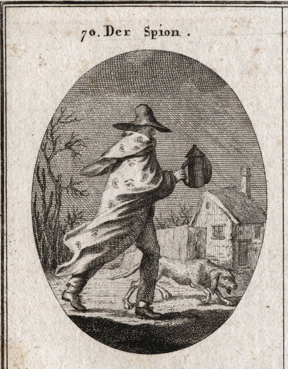 Allegory of the Spy. His coat is strewn with eyes and ears and holds a deaf lantern. A brque dog smells the terrain. Engraving in 