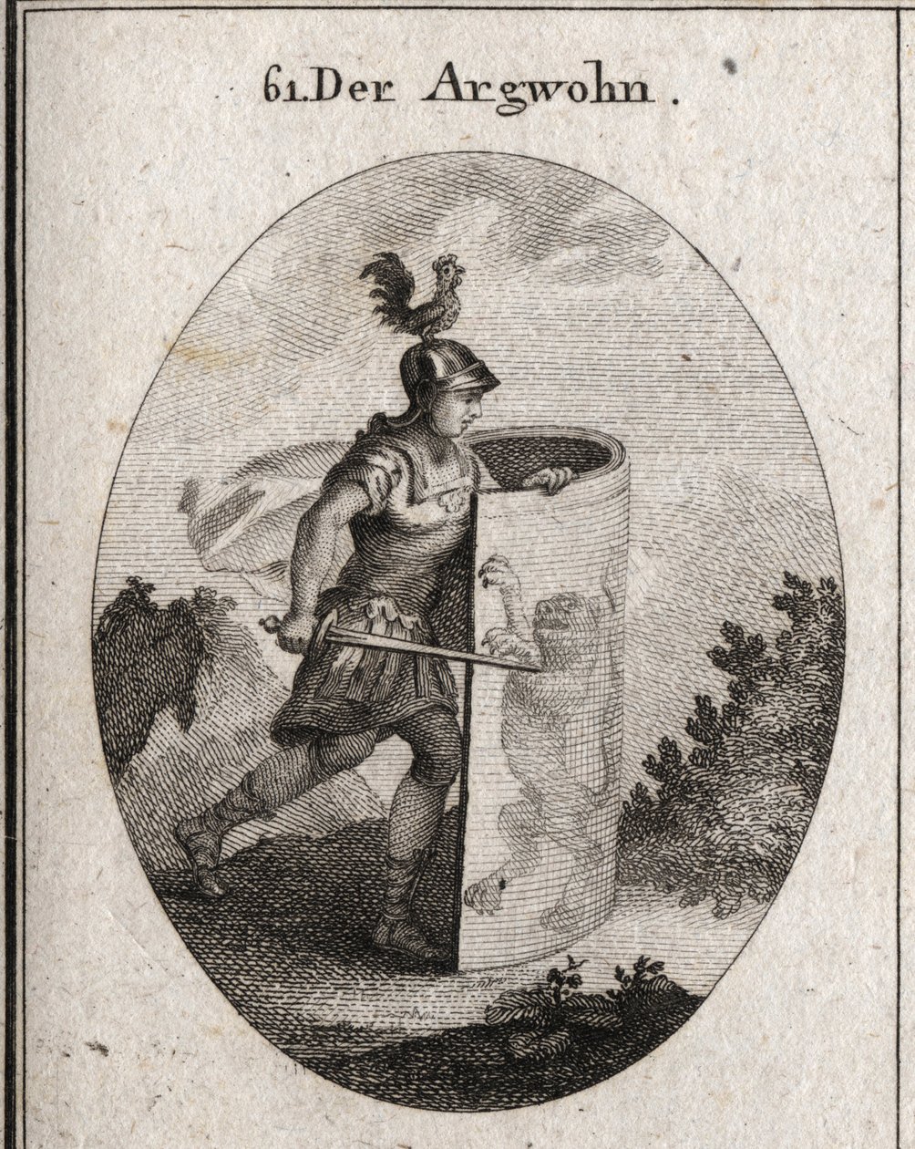 Allegory of suspicion cuts behind a shield on which stands a lion, symbol of suspicion according to Aristotle, and a rooster on the helmet that represents vigilance. Engraving in 
